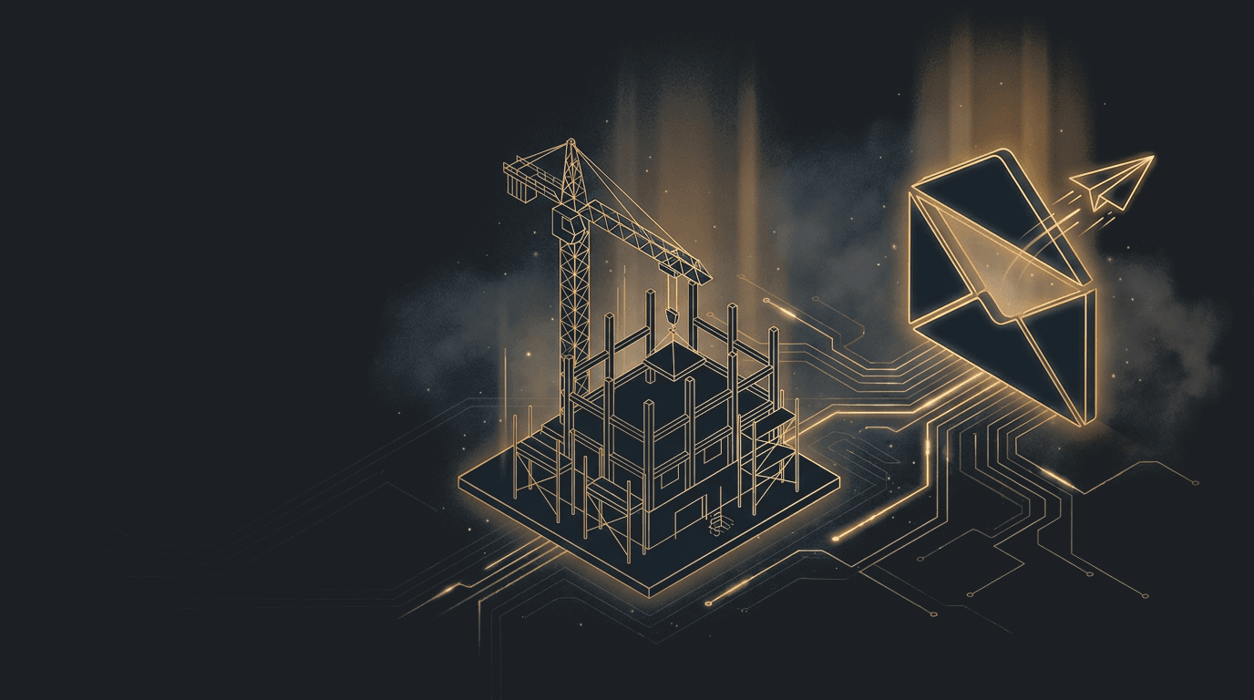 Illustration of a building under construction with a crane and a glowing envelope