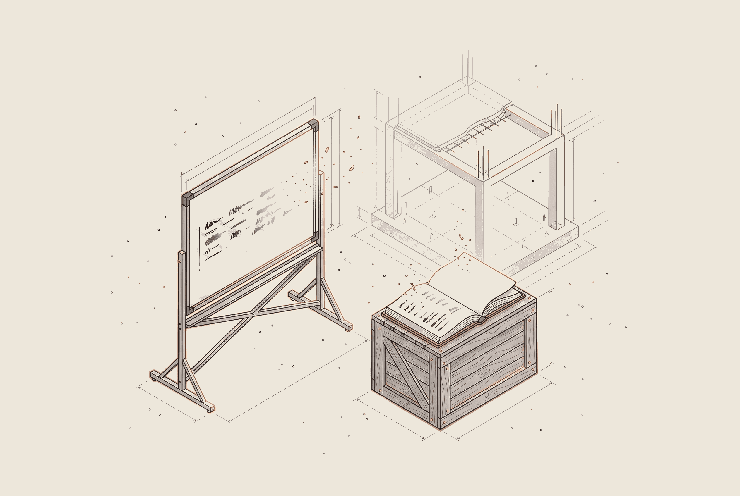 Illustration of a site whiteboard and an open day book with the written marks fading away