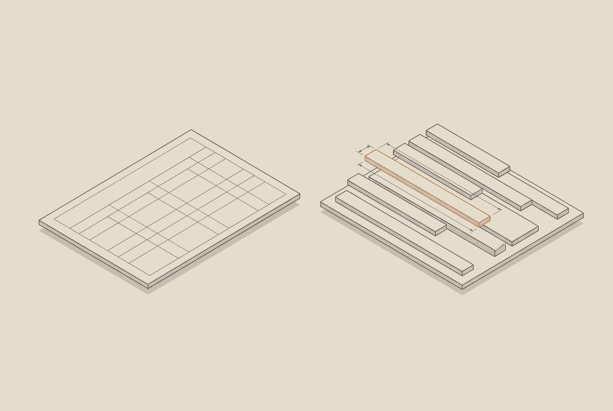 Illustration of a dated site record sheet beside a programme bar chart with one activity isolated, in the site's blueprint style