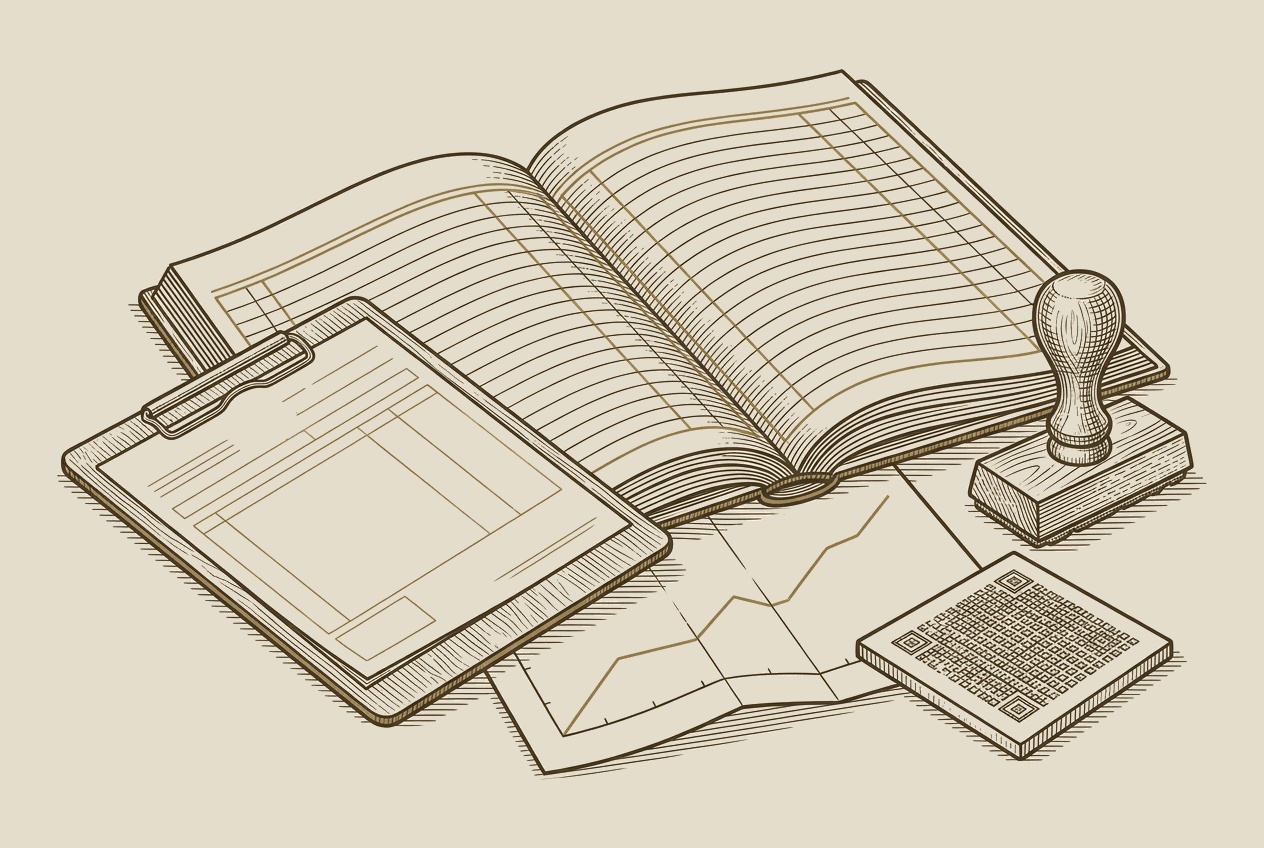 Illustration of a bound daily record book, a delivery docket on a clipboard, a rising programme chart and a date stamp arranged together