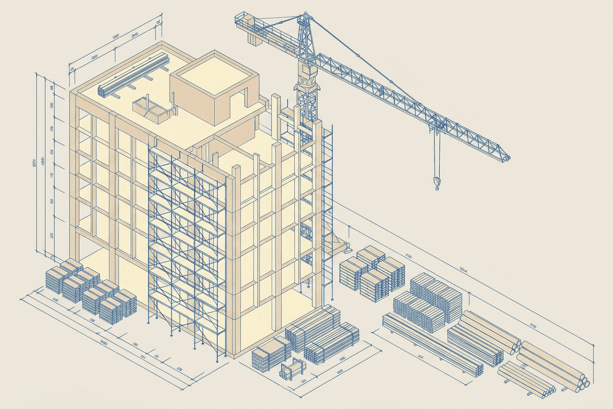 Illustration of a commercial building under construction with a tower crane