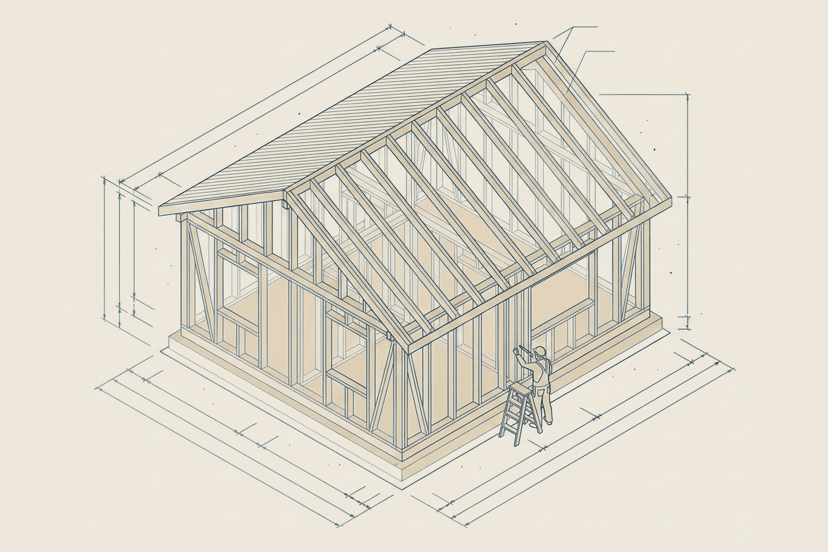 Illustration of a single builder framing a residential house