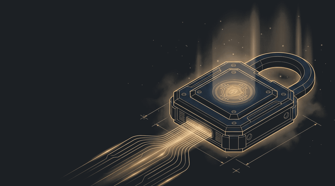 Illustration of a glowing sealed padlock with data streams, representing SiteVector's tamper-evident record sealing