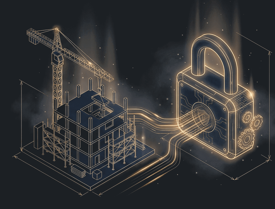 Illustration of a construction site connected by glowing data streams to a sealed padlock