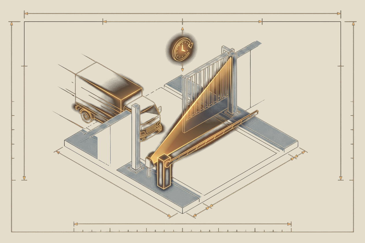 Illustration of a delivery truck passing through a construction site gate checkpoint with a scanning beam, in the site's blueprint style