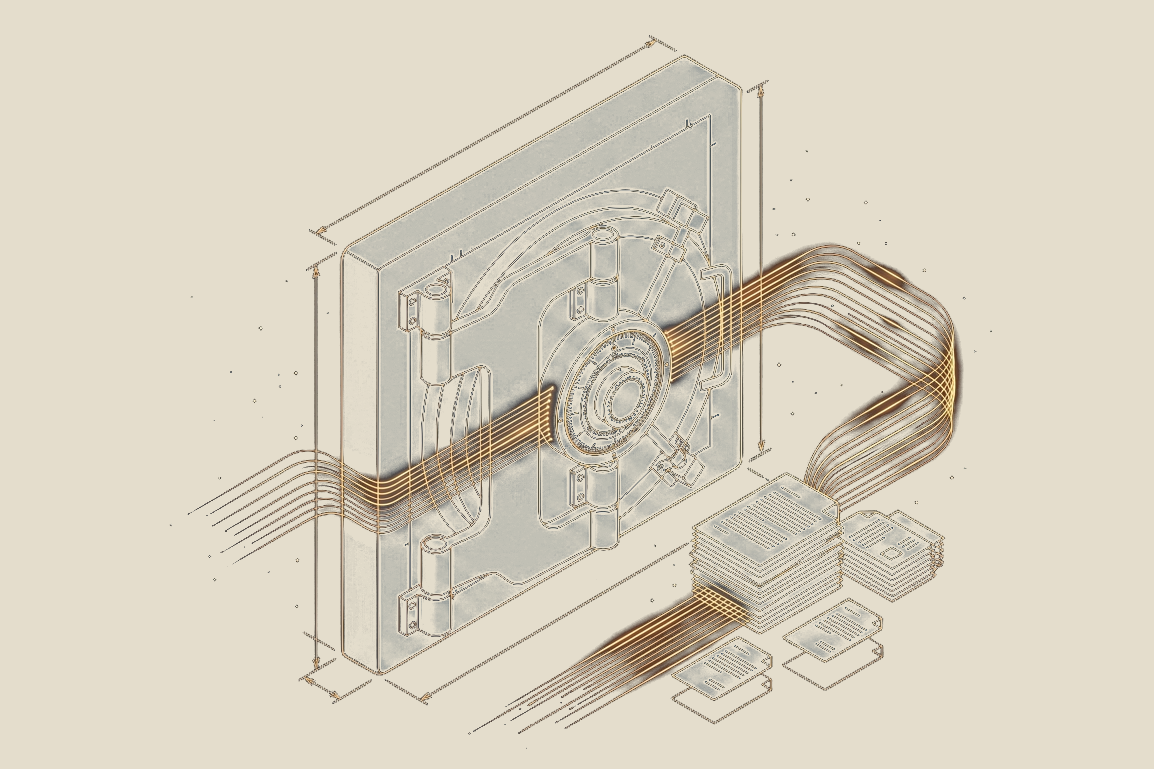 Illustration of a sealed vault door with data streams flowing in from stacked report documents, in the site's blueprint style