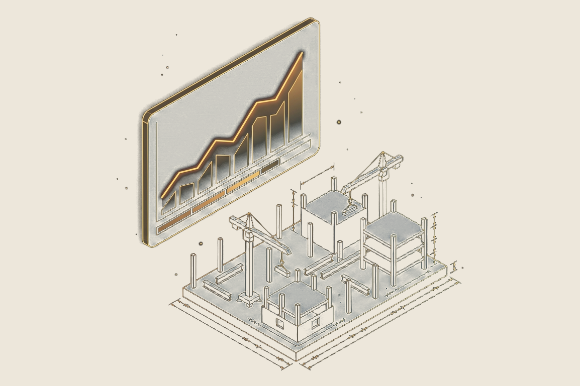 Illustration of a glowing programme buffer and progress chart rising above a construction site, in the site's blueprint style