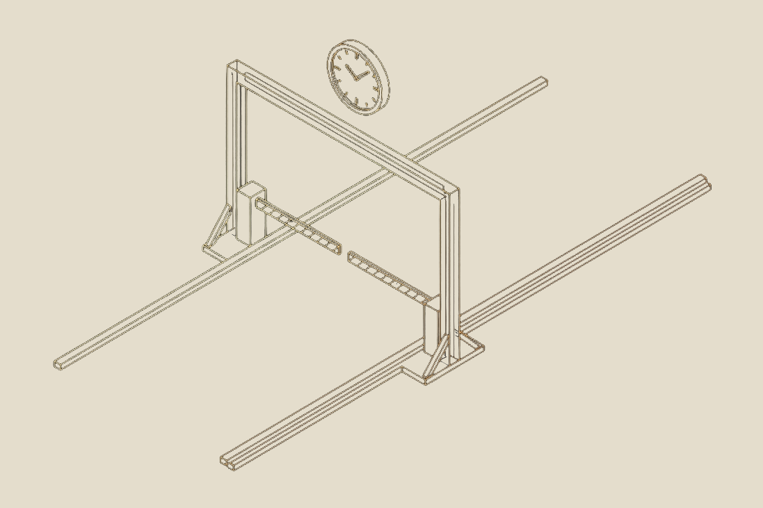 Illustration of a delivery truck at an empty construction site gate, in the site's blueprint style