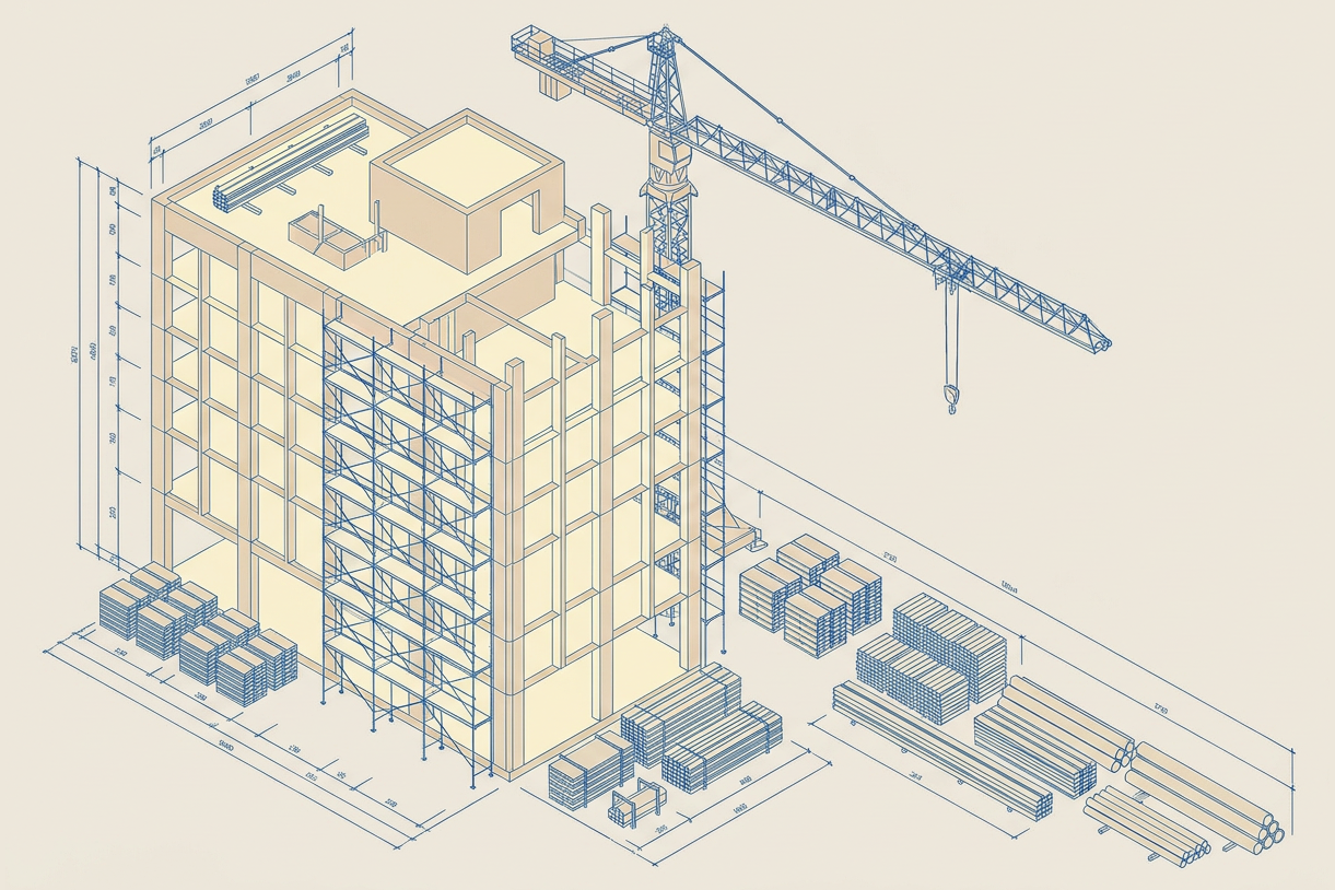 Illustration of a commercial building under construction with a tower crane, in the site's blueprint style