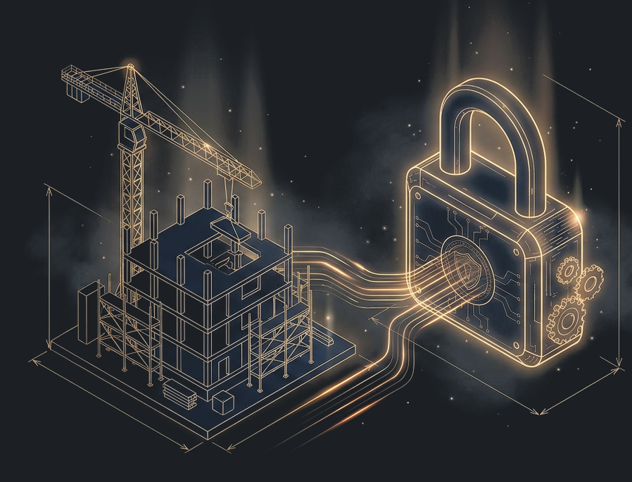 Illustration of a construction site connected by glowing data streams to a sealed padlock, in the site's blueprint style